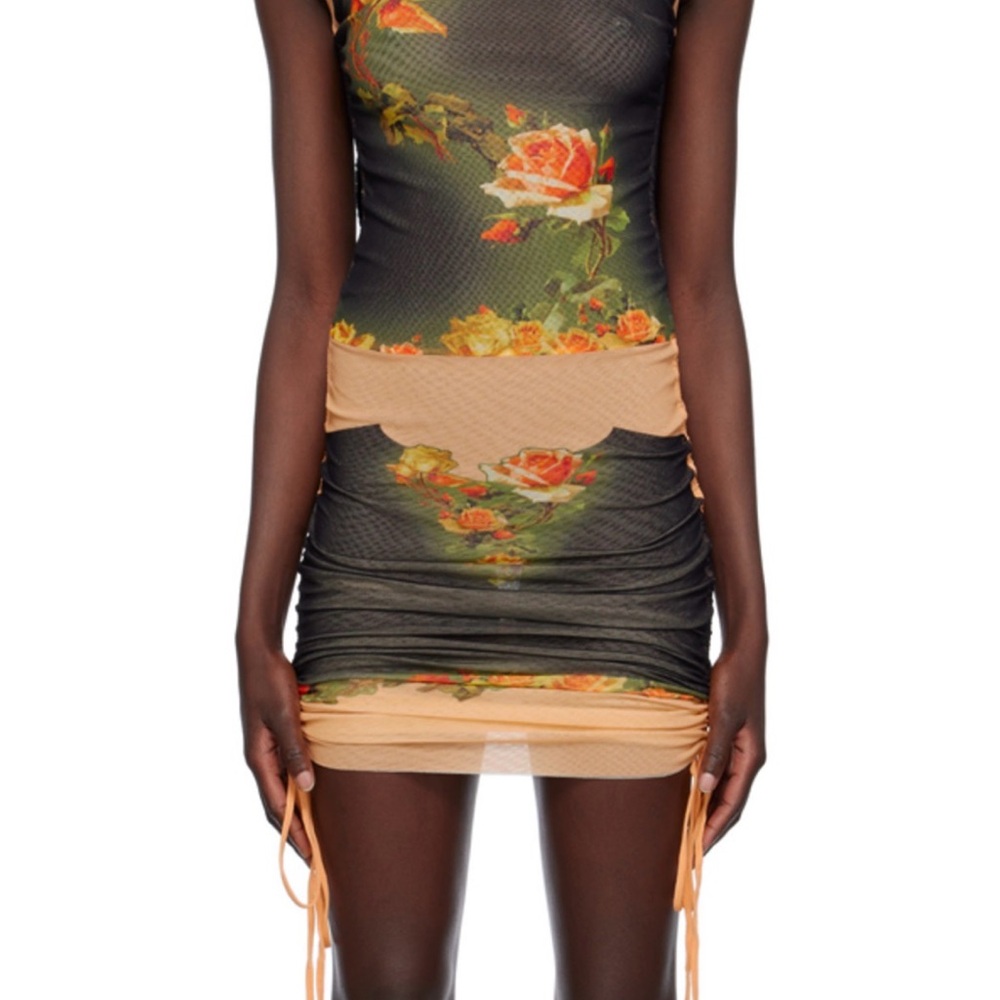 Jean Paul Gaultier Black and Peach Floral Mesh Ruched Mini Dress